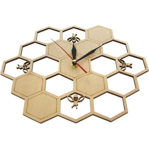 Cut Wood Clock Honey Bee on Honey Comb Hexagon Nature Watch Wall Clock Geometric Kitchen Art Decor