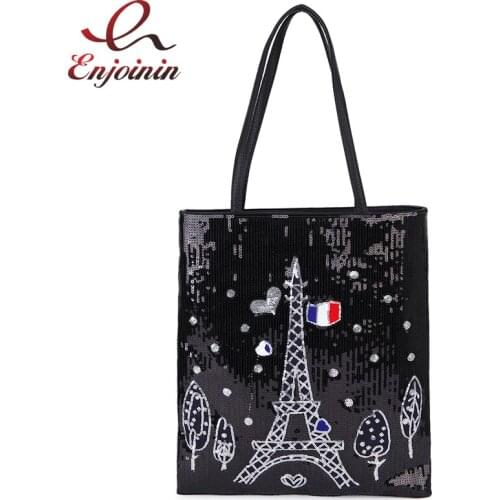 Sequined Paris Tower Design Black Pu Leather Tote Bag Shoulder Bag for Women 2021 Casual Shopping Bag Ladies Purse and Handbags