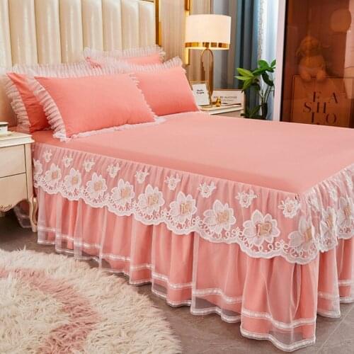 Cilected 3Pcs/Set European Lace Cotton Bed Skirt Pillowcase Princess Style Flower Bedspread Non-Slip Mattress Protection Cover
