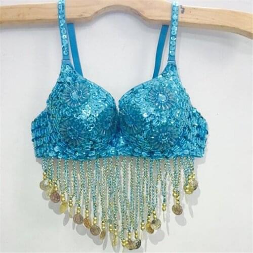Hot Sexy Tribal Top Tassels Sequins Bra Belly Dancing Costume Party Fringes Size 34/38B Hand-sewn Tops Beads Samba Dance Bra