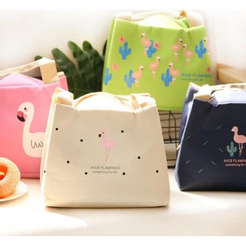 M611 Lovely Food Lunch Bag Bird Printing Cotton Flamingo Series Green Pink Cloth Heavy Bag Waterproof Insulatio Bag