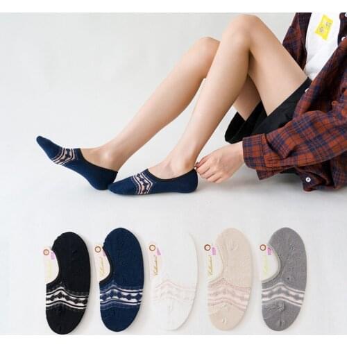 Fashion Summer Casual Card Silk Jacquard Socks Womens Breathable Non-slip Silicone Pure Cotton Invisible Shallow Boat Socks