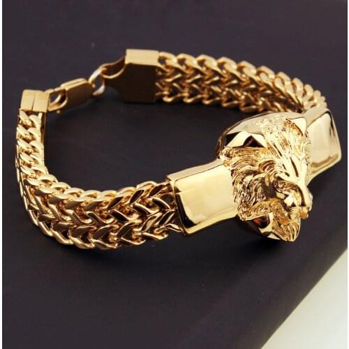 Punk Jewelry Figaro Chain Mens Bracelet Stainless Steel Gold Color Lion Head Bracelet High Quality Mens Cuff Bracelet 8.66 inch