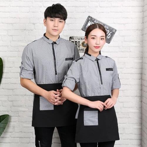 2018 New Fashion Long Sleeve Waiter Shirt with Apron Set Fast Food Shop Waitress Work Clothing Restaurant Staff Work Uniform