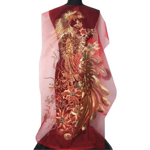 Huge Sequin Embroidered Lace Phoenix Applique Sewing Red Mesh Fabric Trimming Patch Wedding Bridal Gown Dress Clothes DIY Crafts