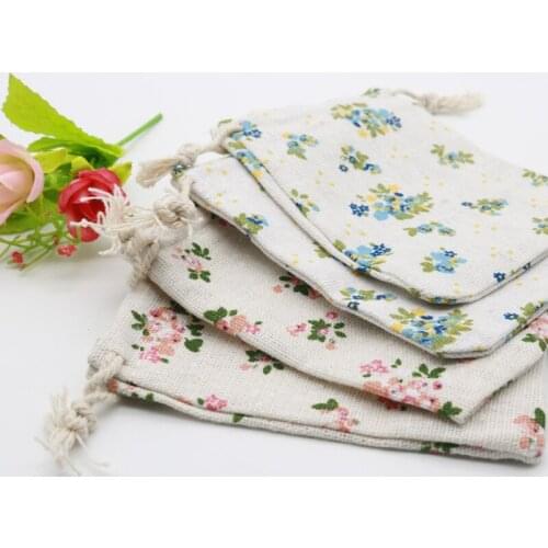 Wholesale 5pcs/lot 8x10cm Drawable Cotton Bags Pouches Small Flower Printed Mini Jewelry Packaging Bag Dry Cotton Linen Pouches