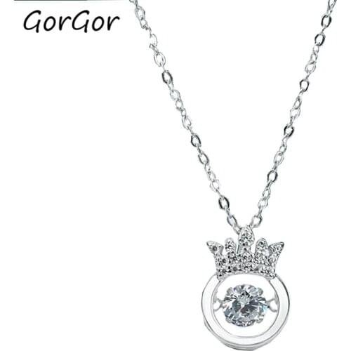 GorGor Necklace Women 925 Sterling Pattern Crown Beating Heart Pendant Mosaic Zirconia Exquisite Temperament Jewelry XL001