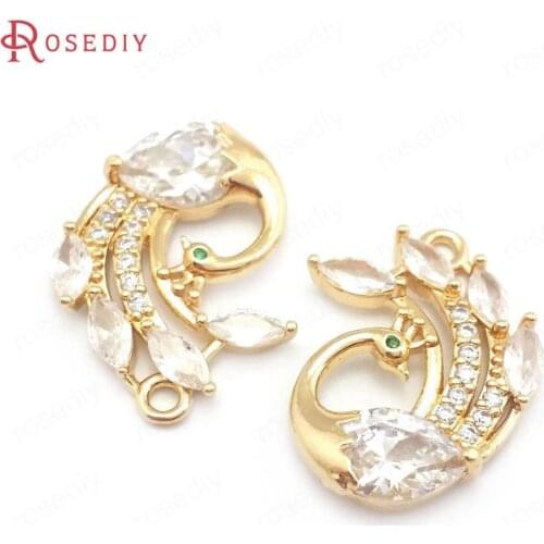 40212)6PCS 17x25MM 24K Champagne Gold Color Brass and Zircon Peacock Charms Pendants Jewelry Making Supplies Diy Accessories