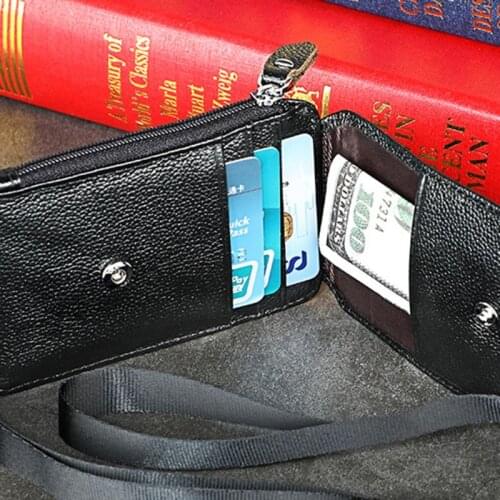 Portable Genuine Leather RFID Blocking Business ID Card Credit Holder Lanyard Purse Wallet