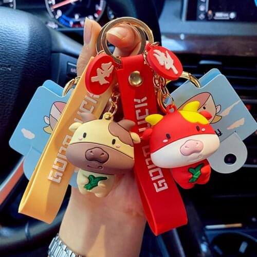 PVC Pudding Cow Metal Keychain Brown Red Pink Ox Pendant Cute Bag Car Key Ring Hanging Jewelry Lanyard Men Women Couple Gift