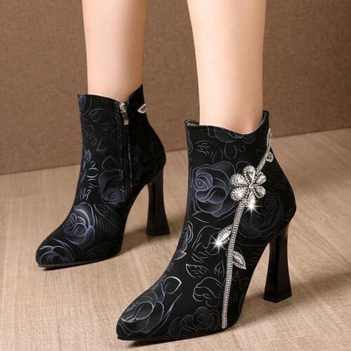 Rimocy Fashion Printed Crystal Ankle Boots for Women Pointed Toe High Heels Boots Woman 2020 New Black Blue Elegant Shoes Lady