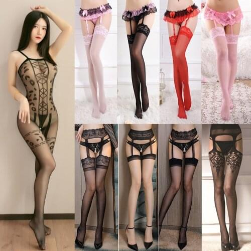Sexy Thigh High Stockings Erotic Open Crotch Stockings Temptation Garter Pantyhose Embroidery Lace Top Sexy Stockings Lingerie