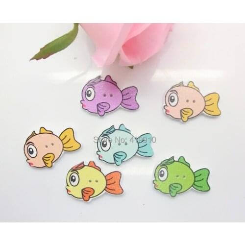Free shipping -50pcs Mixed 2 Holes Cartoons Fish Pattern Back White Wood Sewing Buttons Scrapbooking 35x25mm J1510
