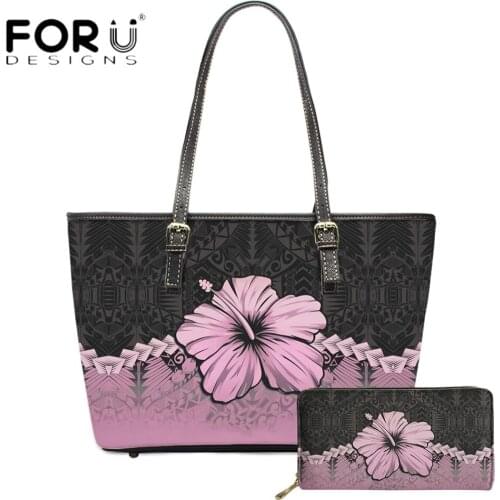 FORUDESIGNS High Quality Big Capacity PU Leather Shoulder Bags For Women Hawaii Hibiscus Flower Print Casual Beach Bolsa Femme