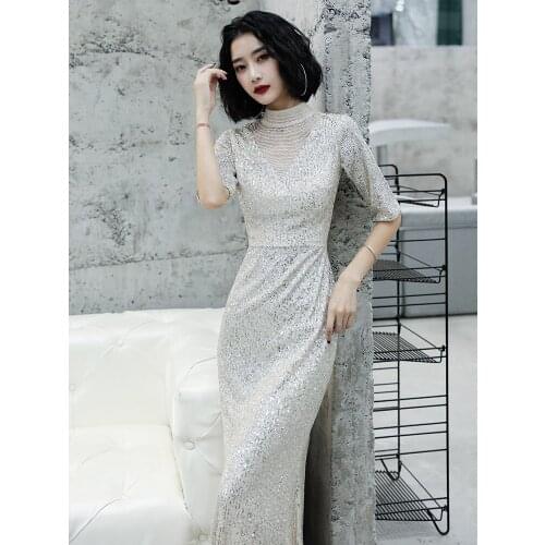 Half-Sleeve Sequins Evening Dress Perspective Neck Formal Occasion Gown Mermaid Robe De Soriee Backless Silver Prom Dress