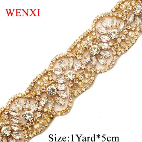 WENXI 10YARDS Wholesale Luxury Rhinestone Applique Trim For Wedding Dress Sash Rose Gold Crystal Rhinestone Applique WX822