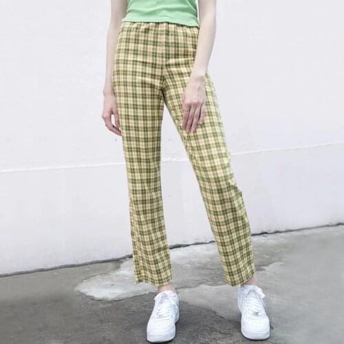 Women High Rise Elasticated Waist Checked Straight Pants In Green