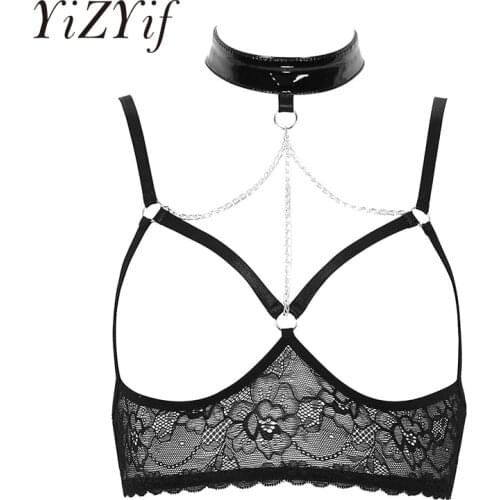 Women Open Cup Bra Sexy See Through Sheer Bra With Neckline Lace Lingerie Halter Neck Open Bra Wire-free Bra Top Nightwear