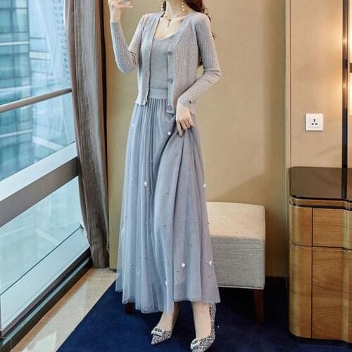 Slim Knitted 3-Piece Suits Women Spaghetti Strap Top + V-Neck Cardigan + High Waist Beading Mesh Skirts Casual Elastic Sets