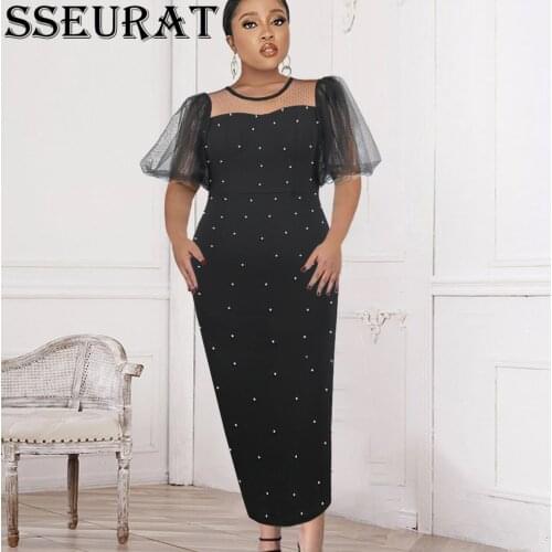 SSEURAT Women Dresses Patchwork Lantern Sleeves Tulle Bodycon Elegant O Neck Office Ladies Work Wear Midi Robes New