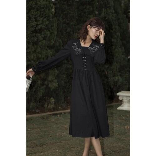 Vintage Bead Embroidery Women Dress Waist Slim And High Waist Peter Pan Collar Dresses Japanese Harajuku Style Female Vestidos