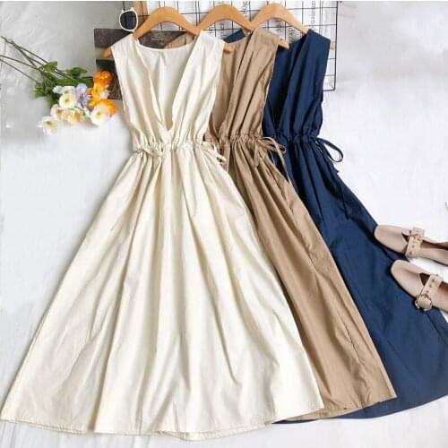 2021 Summer Womens Dress Korean Retro Solid Color V-neck Pleated Drawstring Dress New Waist Slim Feamle Dresses DE640