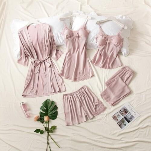 Women Silk Sexy Summer Satin Lingerie Pijiama Spaghetti Strap Pajamas Gown Korean Robes Five Piece Pajama Sets Pink Sleepwear