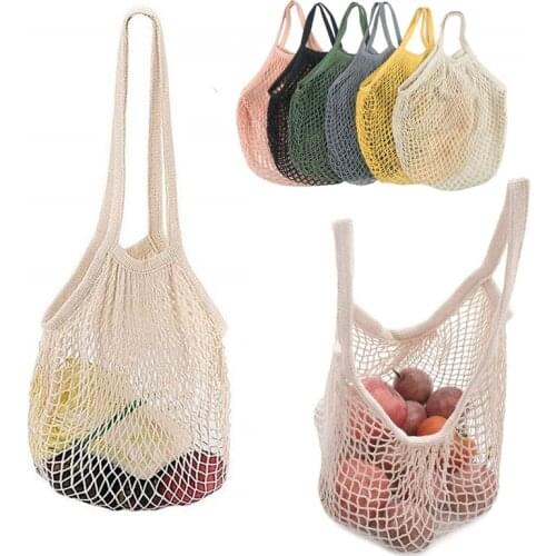 2Pcs Portable Shopping Bag for Fruit Vegetable Colorful Cotton Reusable Groceries Bags Storage Net Bag Mesh Long Handle Tote Bag