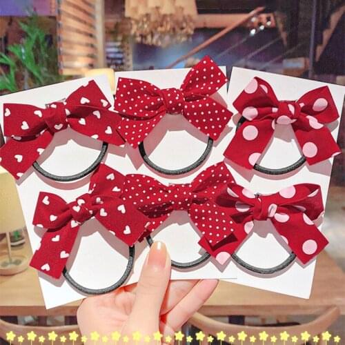 2pcs/set New Childrens Red Bow Hair Tie Hair Ring Girl Hair Accessories Wave Point Clip Cute Fashion Headwear For Baby Girls