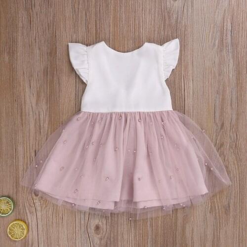 2021 New Toddler Kids Baby Girl Princess Bowknot Mesh Pearl Tutu Dress Party Wedding Pageant Dresses