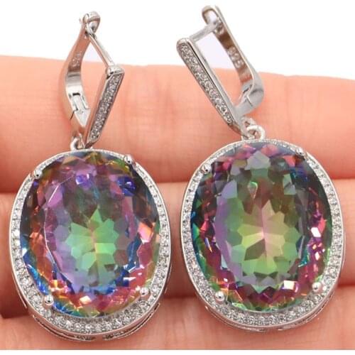 40x20mm Big European Design Jewelry Set Created Fire Rainbow Mystic Topaz White CZ Womans Engagement Silver Pendant Earrings