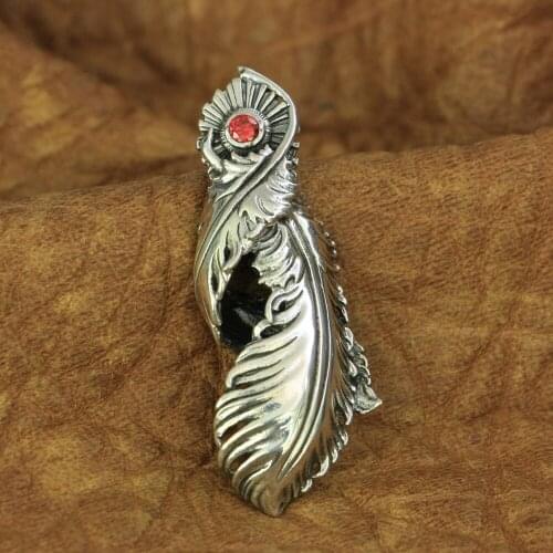 925 Sterling Silver CZ Stone Feather Pendant Mens Biker Pendant TA172 (Red Stone Default, Contact us for other colour)