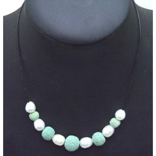 SALE Big 10-11mm White Rice Natural Freshwater Pearl with Green Lava rock Necklace 18" with Genuine Leather-5907