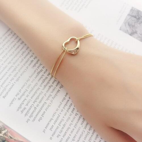 Authentic 925 Sterling silver Double Rows/layers Gold oPEN lOVE HEART Shape Chain Bracelet fine Jewelry Charms womens S47