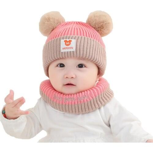 Doitbest 1 to 4 years old baby kids beanie Double fur ball M label Knit hats winter 2 pcs boy girl hat scarf set
