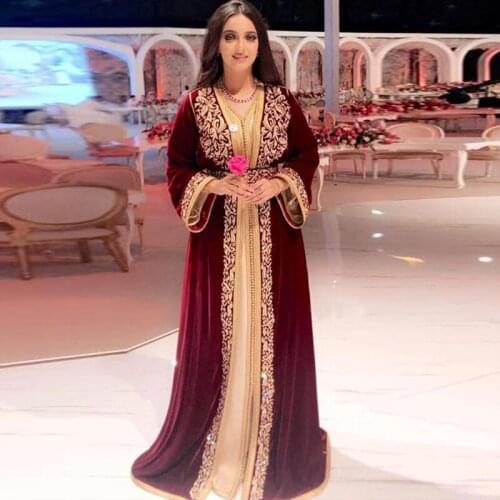 Elegant Velvet Evening Dresses V-Neck Appliques Morocco Kaftan Long Sleeve Burgundy Gold Arabic Muslim Prom Party Dress 2020