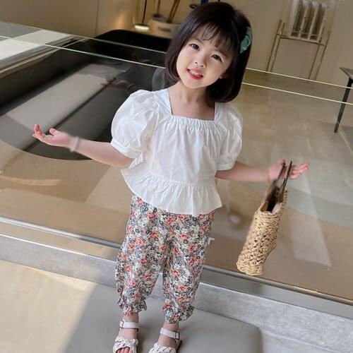 Summer Girls Korean Clothes Suit 2-7Y Toddler Kids Cute Bubble Sleeve Waist Top+Floral Pants 2PCS Outfits Children Cltohing Suit