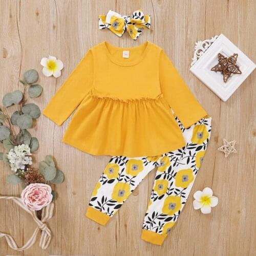 Autumn Baby Girl Casual Costume Long Sleeve Solid Blouse Dress+Floral Print Pants+Headband Set