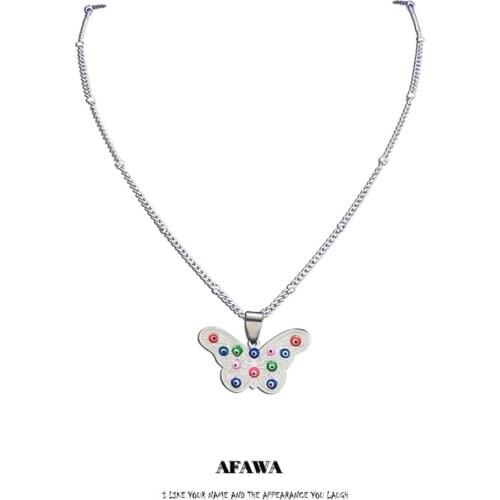 Stainless Steel Colorful Turkey Eyes Butterfly Charms Necklace Women Silver Color Chain Necklace Jewelry collier N5231S01