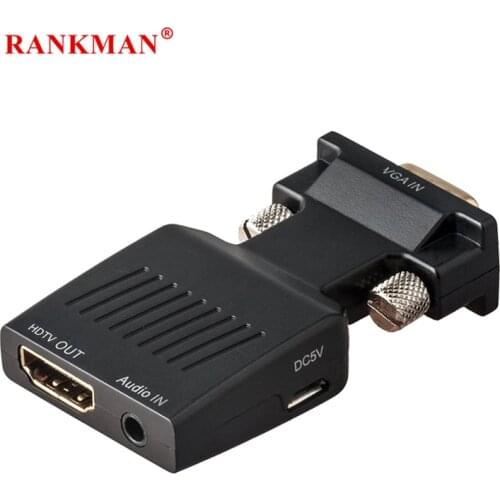 Rankman VGA Male to HDMI Female Converter with Audio Adapter Cables 720/1080P for HDTV Monitor Projector PC Laptop TV-Box PS3