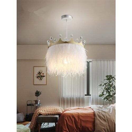 Nordic White Feather Crown Pendant Lights Modern Warm Childrens Room Princess Room Girl Bedroom Lamp Hanging Lights Fixtures