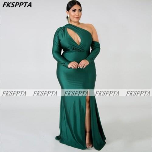 Plus Size Emerald Green Long Prom Dress One Shoulder High Slit Satin Mermaid Formal Gowns For Women Occasion Party Prom Dresses