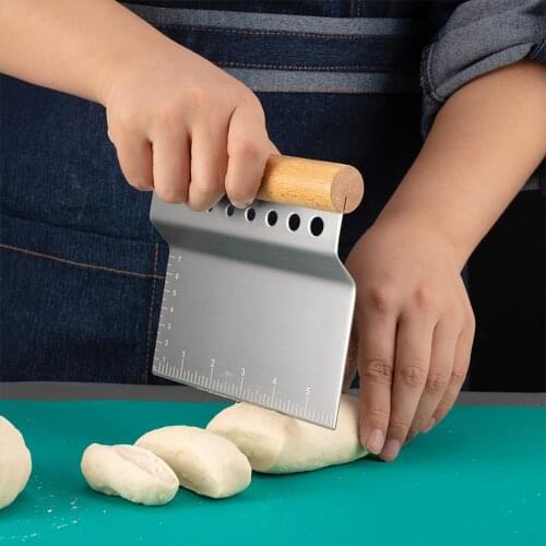 Stainless Steel Cutter, Portable Household Dough Scraper Slicer Herb Knife with Scales and Beech Handle
