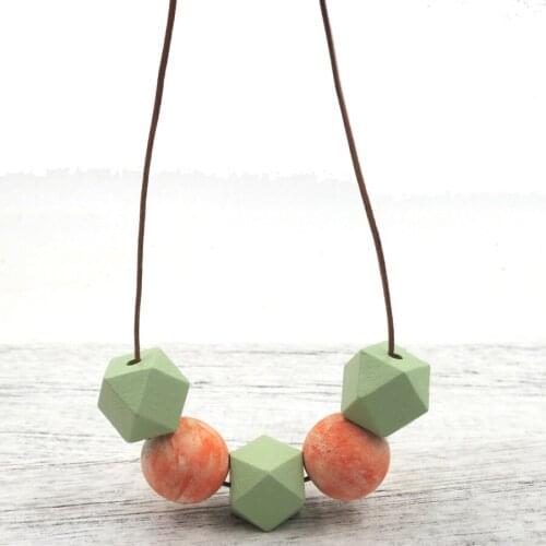 Hand painted Geometric Wood Bead Cluster Necklace Modern Tribal color block Chic bead necklace red green NW461