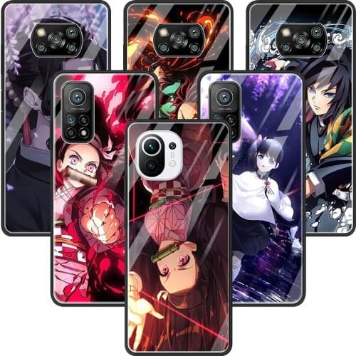 Glass Cover For Xiaomi 11 Ultra Note 10 10T 9 9T Poco X3 NFC X2 F2 M2 Pro Shell Back TPU Case Demon Slayer Kimetsu No Yaiba