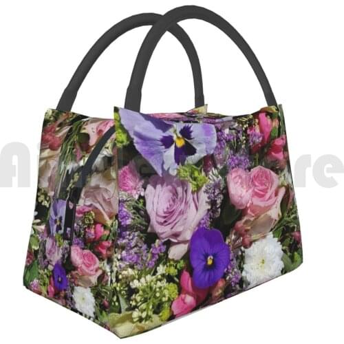 Cooler Lunch Bag Picnic Bag Pink / Purple Mix Flowers Pink Purple Flower Garden Roses Violas Pansy Clamatis