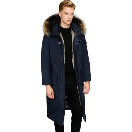 Trench Coat Men Real Rabbit Fur Liner Long Coat Winter Warm Natural Raccoon Fur Collar Thicken Coat Jackets High Quality