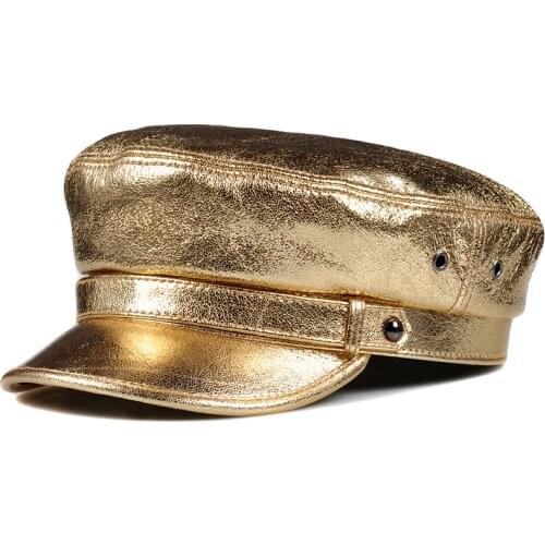 Spring Korean Fashion Unisex Flat Top Genuine Leather Navy Hat Student Shining Golden/Silver Hip Pop Caps Women Men Streetwear