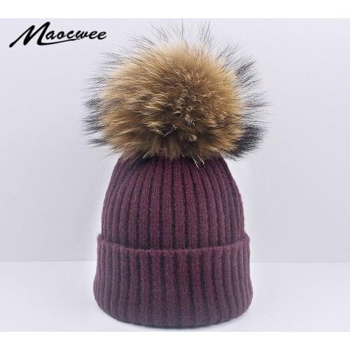 Womens Winter Hat Knitted Wool Hats For Womens Girl Winter Real Mink Fur Pom Poms Beanies Brand New Thick Female Cap Skullies