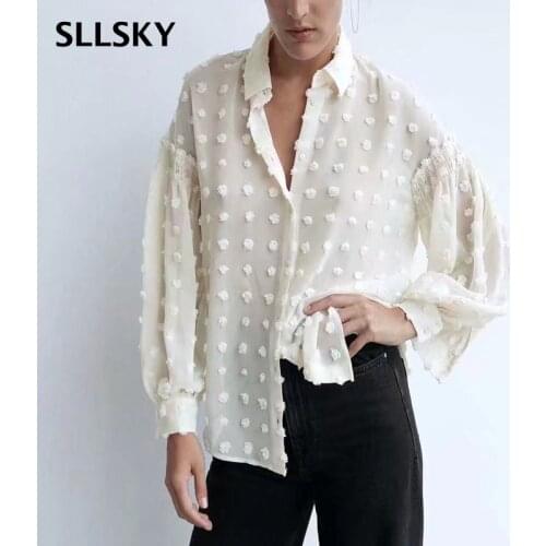 Sllsky Women Blouses White Polka Dot front Buttons Retro Shirts Female Long Sleeve With Ruffle Trim 2021 Summer New Tops